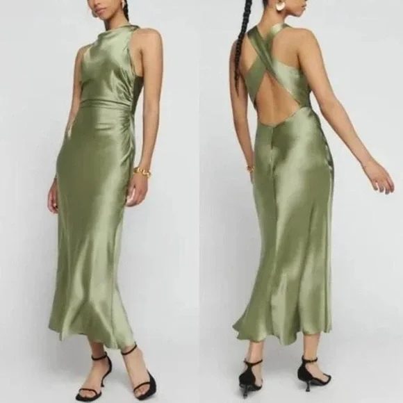Reformation NWT Casette Silk Dress Size 12 in Artichoke - Picture 2 of 14